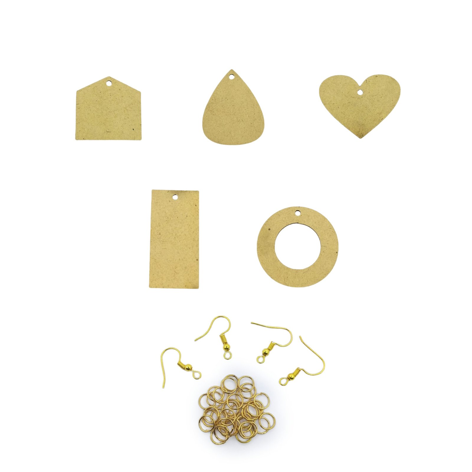 MDF Shaped Pendants Cutout Set Of 15 Pair With Jump Rings And Hooks (Gold)